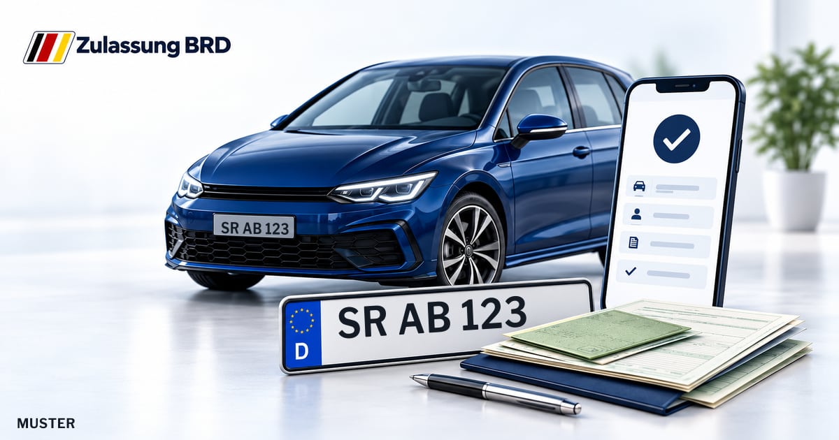Online Fahrzeugzulassung in Straubing: Musterkennzeichen SR AB 123, Auto und Fahrzeugpapiere und Smartphone. Illustration mit Logo von Zulassung BRD.